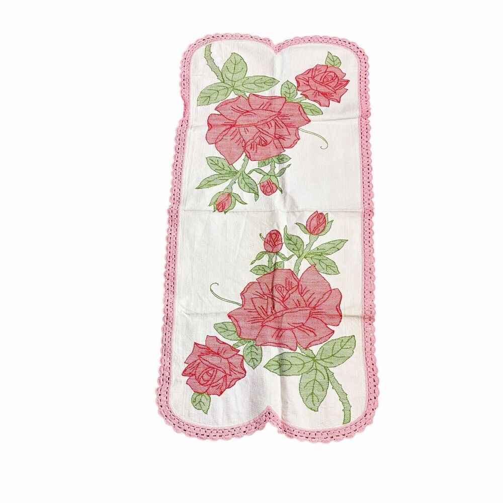 Handmade Embroidered Roses Table Runner Hand Crocheted Pink Lace Border 37x18 In